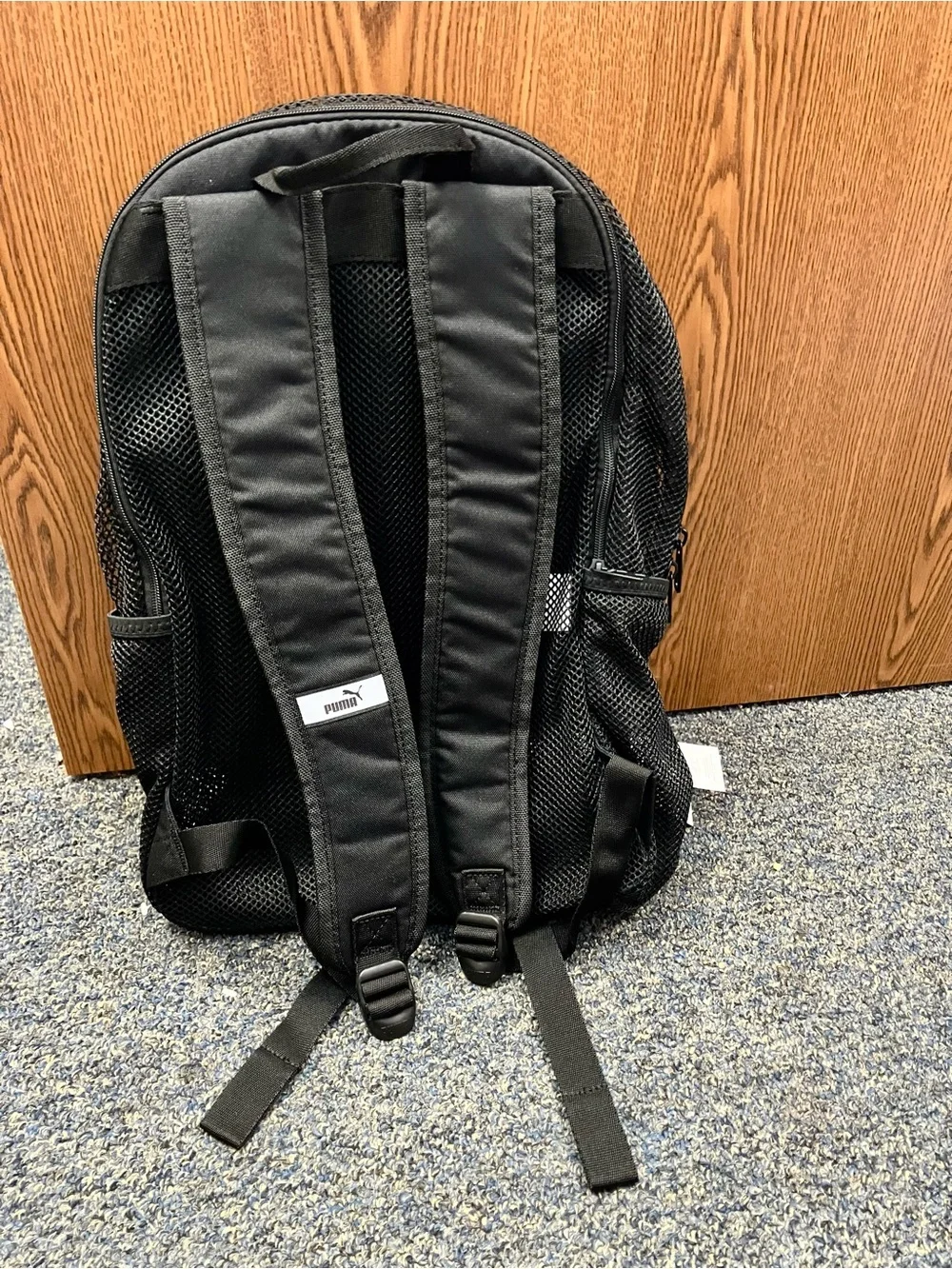 Puma Black Mesh Backpack with White Logo Back Pack Bag NWT